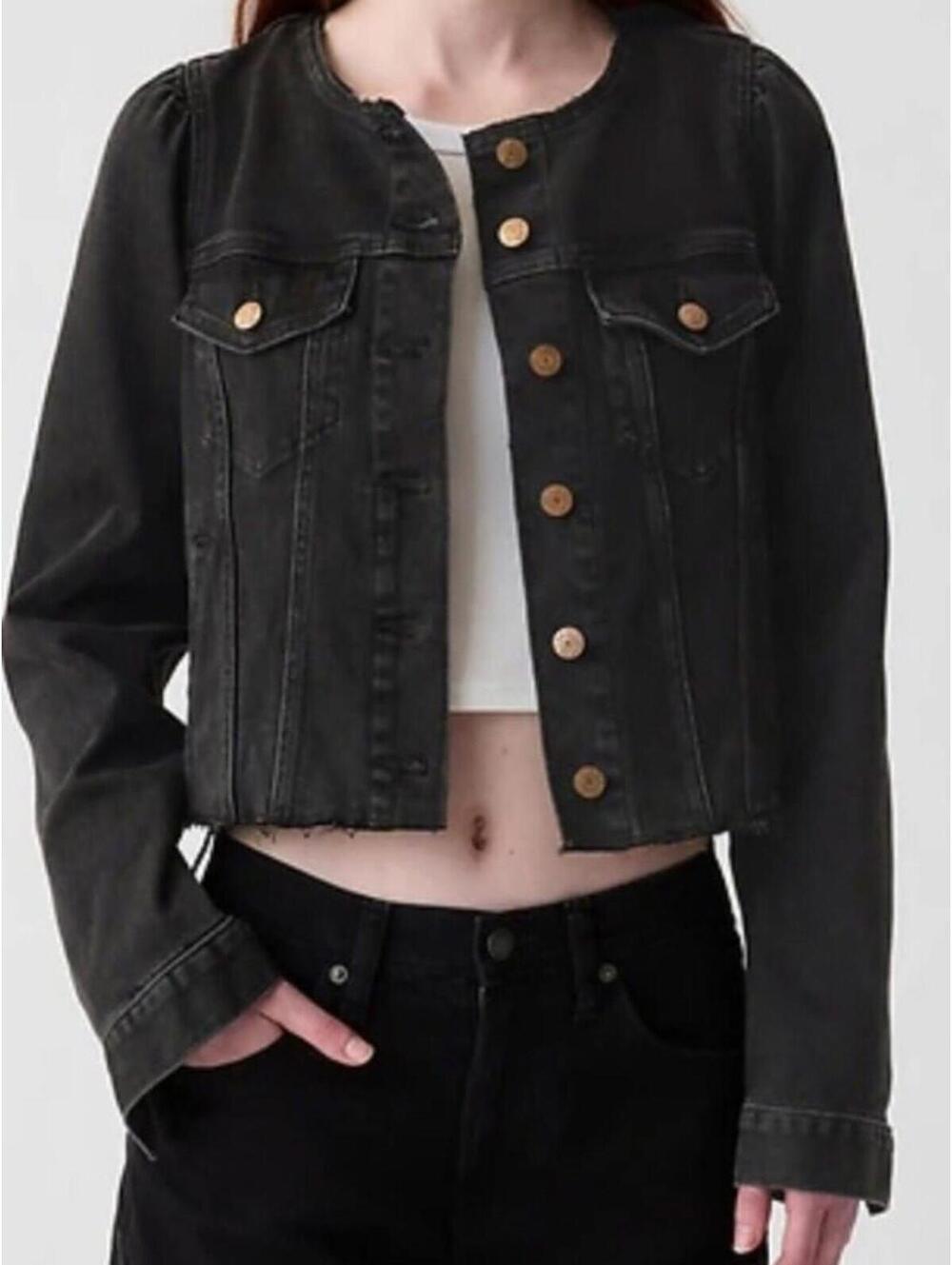 Gap Black Cropped Denim Jacket Collarless Button Front XL